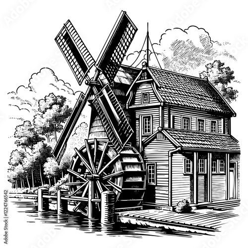 dutch windmill in farmland sketch engraving black and white outline. Scratch board imitation.
