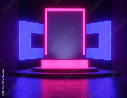Wallpaper Mural minimalist neon stage design. Vivid pink and blue lighting create a modern and vibrant backdrop for product display or art installation. Torontodigital.ca