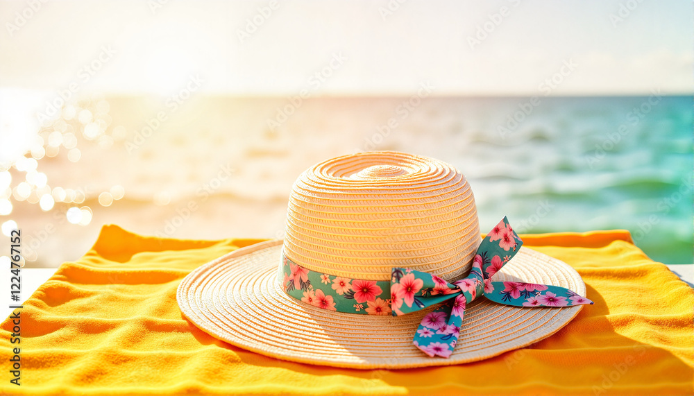 Sunhat on vibrant yellow towel by the ocean, Spring break theme Sunhat on vibrant yellow towel by the ocean, Spring break theme