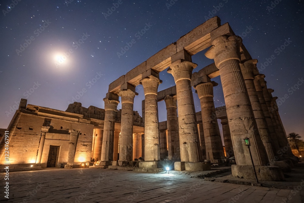 Obraz premium Majestic Egyptian Temple Columns at Night - Low Light Photography