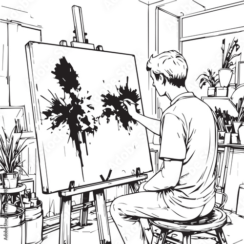 A person painting a canvas in an art studio with colorful strokes and brushes in black and white

A person painting a canvas in an art studio with colorful strokes and brushes in black and white