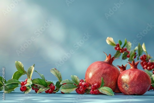 Jewish New Year, rosh hashanah, design concept on paper,Pomegranate and apple-shaped garland design, extreme right third of an image, placeholder 