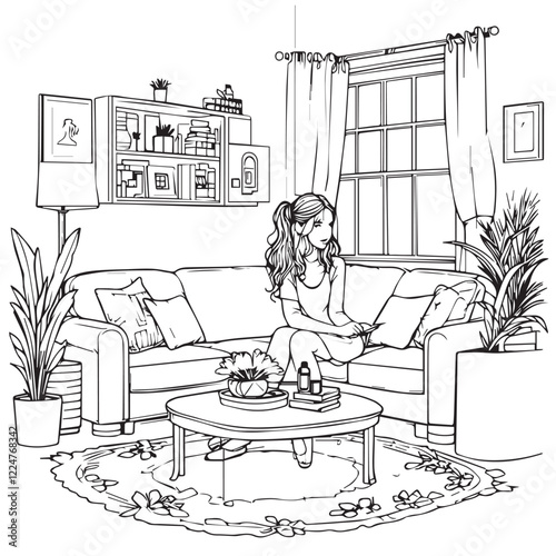 A woman rearranges furniture and decorates with love in black and whiteA woman rearranges furniture and decorates with love in black and white