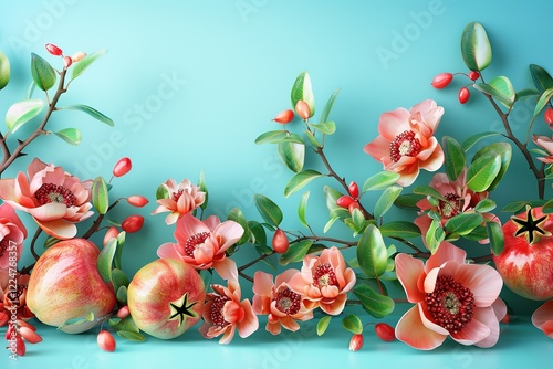 Jewish New Year, rosh hashanah, design concept on paper,Pomegranate and apple-shaped garland design, extreme right third of an image, placeholder 