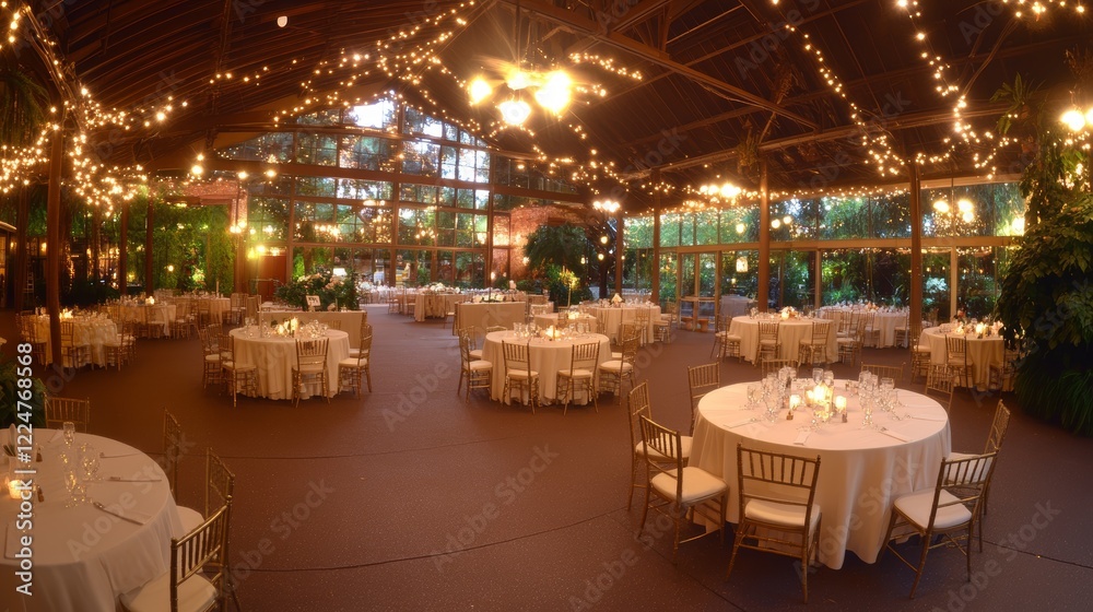 Fototapeta premium Elegant Wedding Reception Venue Decorated with Lights