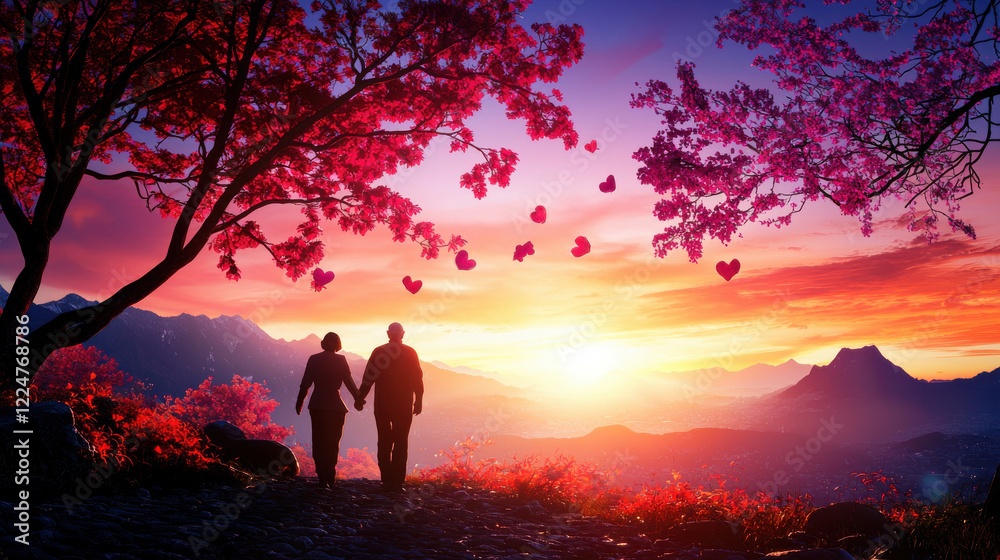 Elderly couple enjoying stroll hand in hand under vibrant sunset sky Elderly couple enjoying stroll hand in hand under vibrant sunset sky