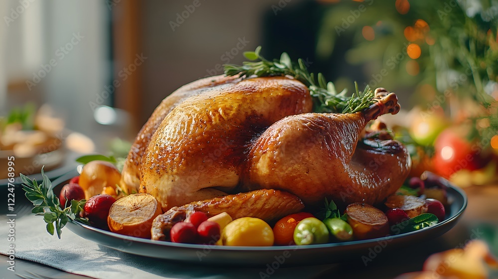 A Perfectly Roasted Turkey Displayed on a Festive Table Surrounded by Seasonal Vegetables and Warm Family Atmosphere A Perfectly Roasted Turkey Displayed on a Festive Table Surrounded by Seasonal Vegetables and Warm Family Atmosphere