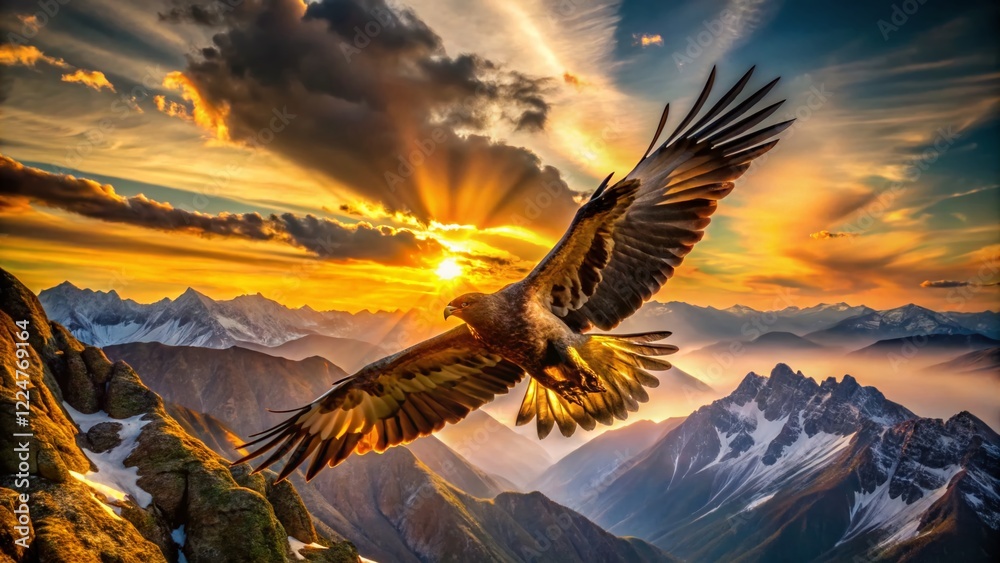 Obraz premium Majestic Golden Eagle Soaring High Above Dramatic Mountain Landscape - Aerial View