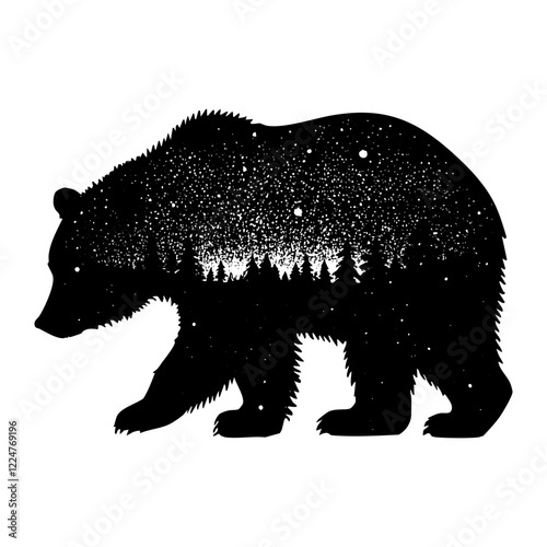 bear silhouette forest tree engraving black and white outline. Scratch board imitation.  illustrated in vintage line art style on a white background.
