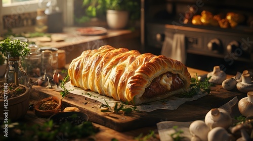 Rustic Kitchen Scene with Freshly Baked Beef Wellington, Invoking Tradition of Home-Cooked Meals and Family Gatherings