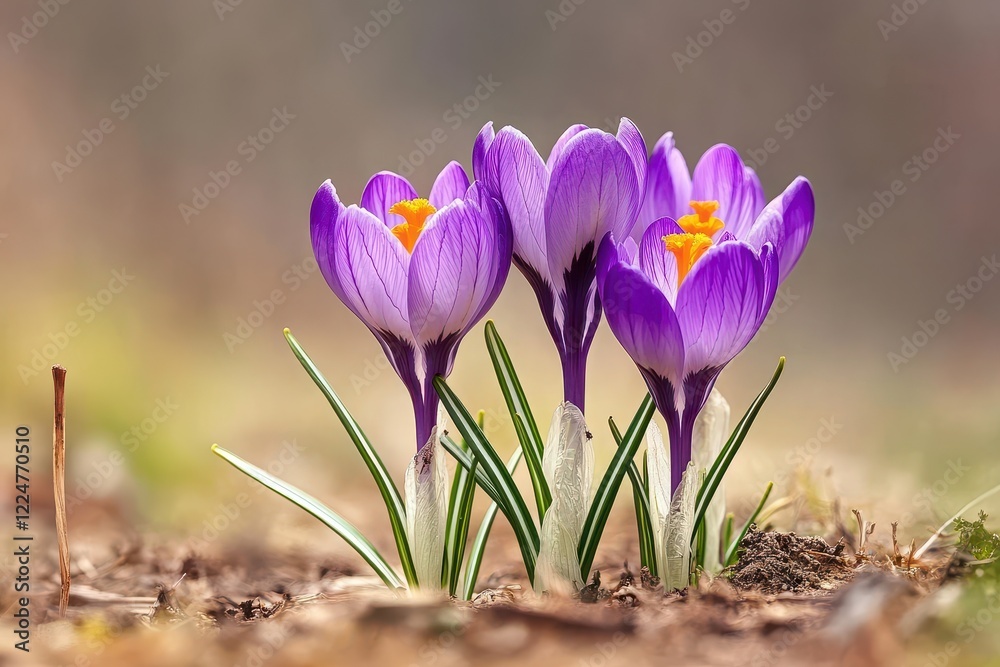 Spring crocus flowers blooming in garden, blurred background Spring crocus flowers blooming in garden, blurred background