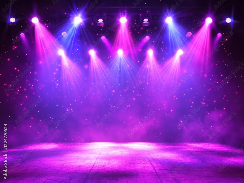 Fototapeta premium A club stage illuminated by laser lights and spotlights, creating a lively and energetic environment.
