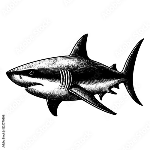 Shark engraving black and white outline. Scratch board imitation.  illustrated in vintage line art style on a white background.
