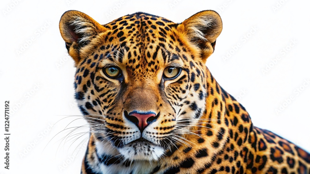 Obraz premium Majestic Leopard Portrait: Isolated Wild Cat Studio Shot on White Background