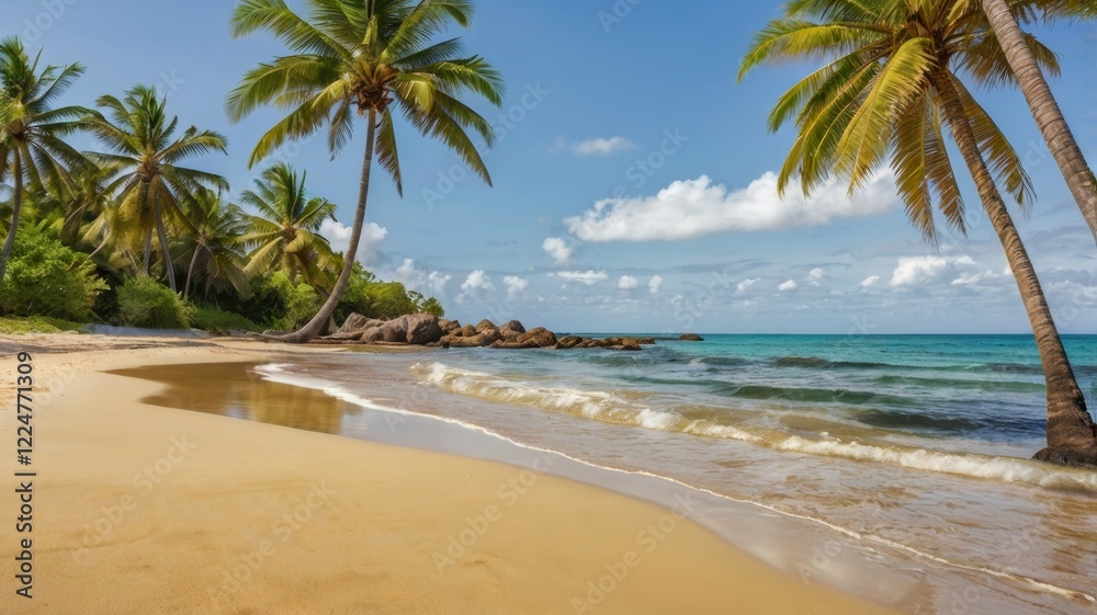 Obraz premium Idyllic tropical beach with palm trees and turquoise water under a blue sky