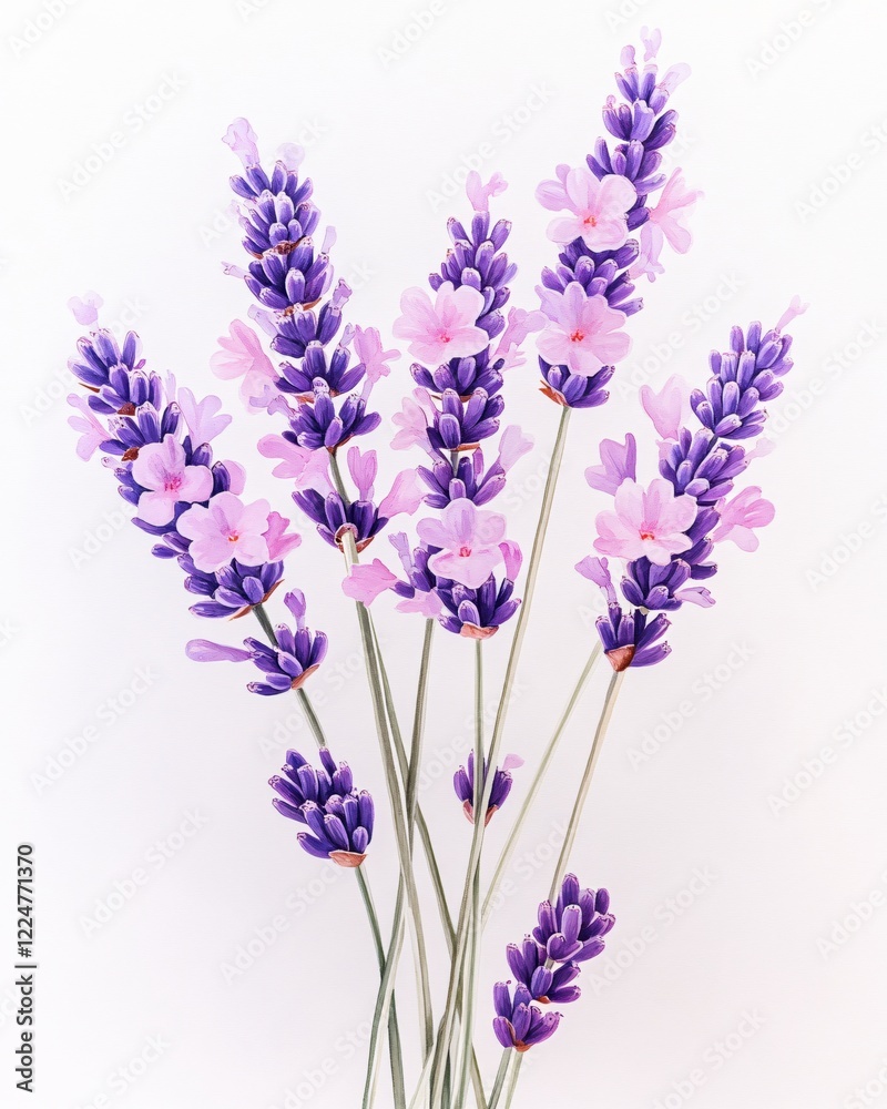 Watercolor lavender sprigs with pink accents on a white background botanical illustration