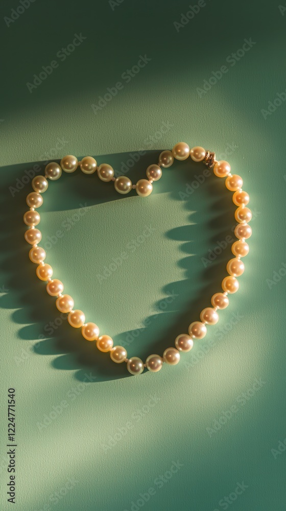Obraz premium Heartshaped pearl necklace on soft pastel green background