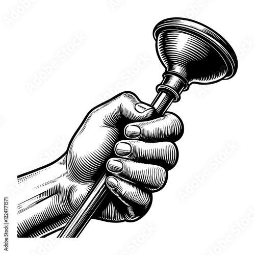 Hand holding plunger sketch engraving black and white outline. Scratch board imitation.
