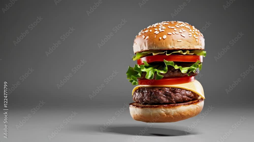 High quality hamburger slowly rotating against gray studio background, showcasing layered ingredients including fresh lettuce, ripe tomato, melted cheese, and grilled beef patty