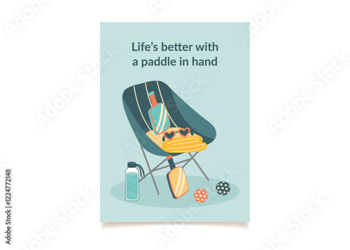 Pickleball concept poster. Pickleball paddles, balls, chair, and accessories for relaxation. Concept of pastime, rest and spending time with friends. Vector hand drawn card in flat style.