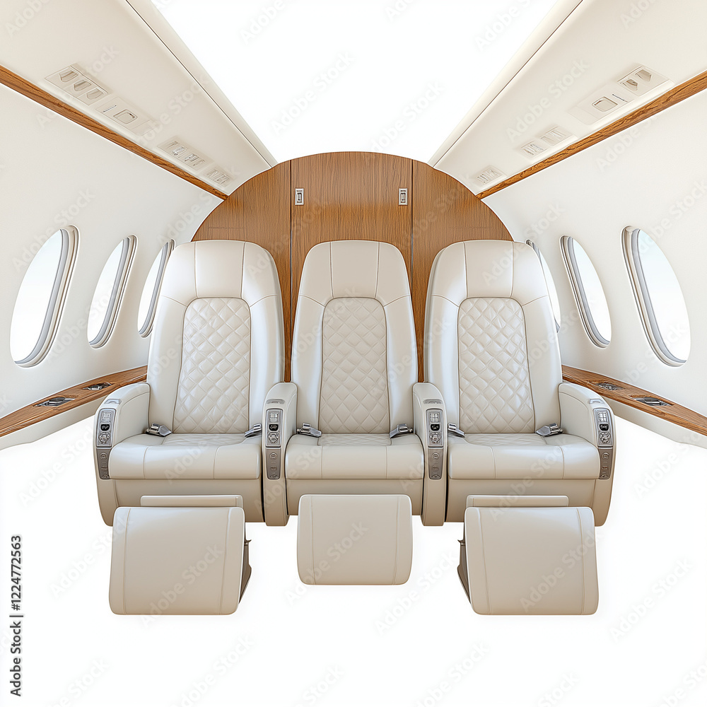 Fototapeta premium A luxury jet interior, leather seats, polished wood accents, photorealistic rendering, isolated on white background