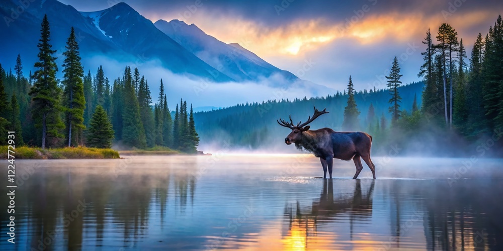 Majestic Moose at Twilight: Misty Lake & Mountain Serenity Majestic Moose at Twilight: Misty Lake & Mountain Serenity