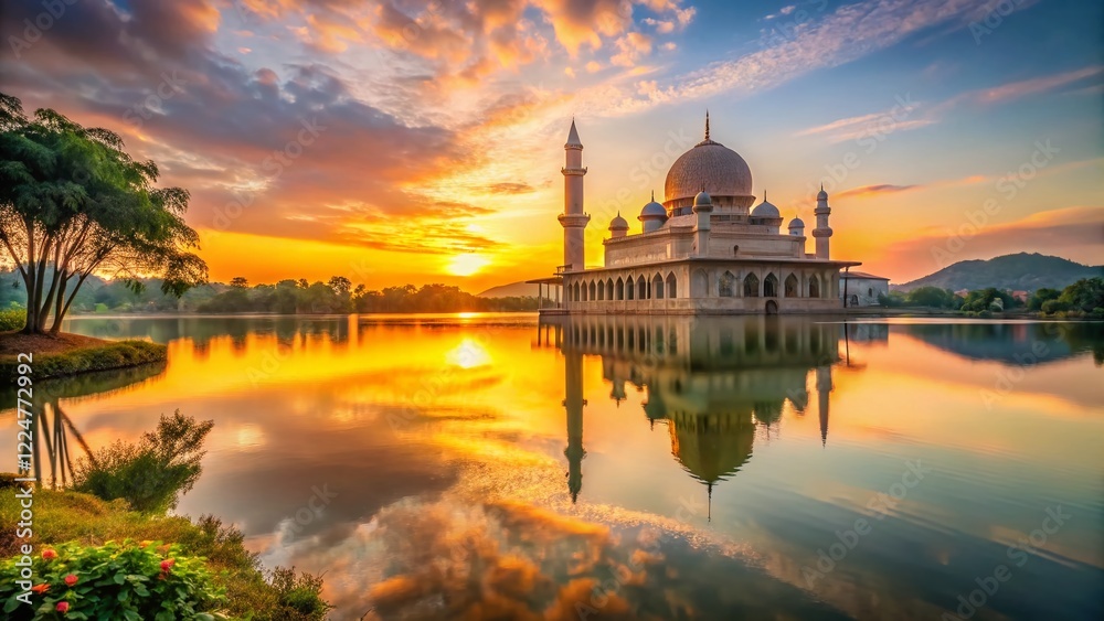 Obraz premium Majestic Mosque Landscape: Dawn Serenity at Islamic Sanctuary