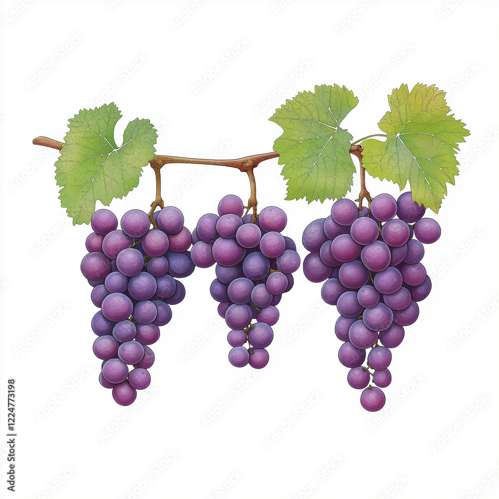 Fototapeta premium A vineyard during grape harvest, scenic landscape illustration, watercolor style, isolated on white background