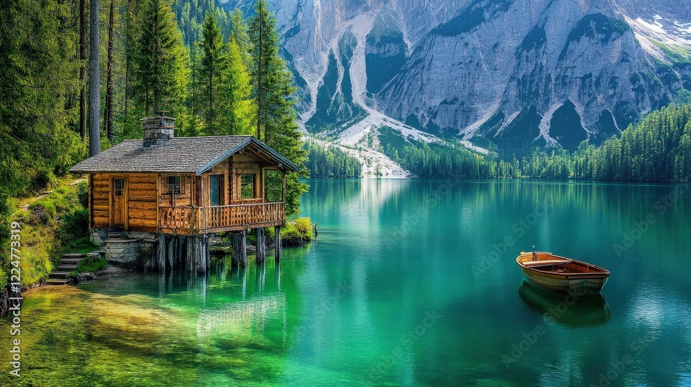 A crystal-clear alpine lake in Pragser Wildsee, reflecting surrounding mountains and vibrant green forests. A crystal-clear alpine lake in Pragser Wildsee, reflecting surrounding mountains and vibrant green forests.