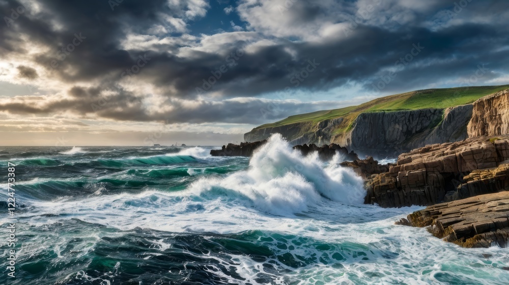 Fototapeta premium Dramatic Coastal Waves Crashing Against Cliffs Under a Stormy Sky