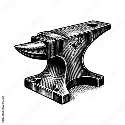 Anvil engraving black and white outline. Scratch board imitation.  illustrated in vintage line art style on a white background.
