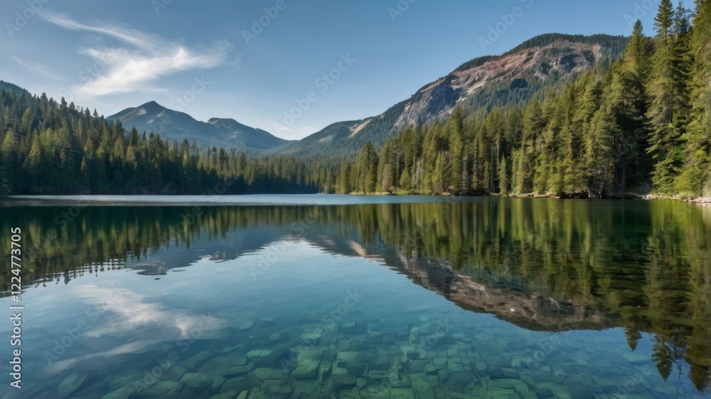 Reflections on the pristine lake surrounded by evergreen forest and mountains Reflections on the pristine lake surrounded by evergreen forest and mountains