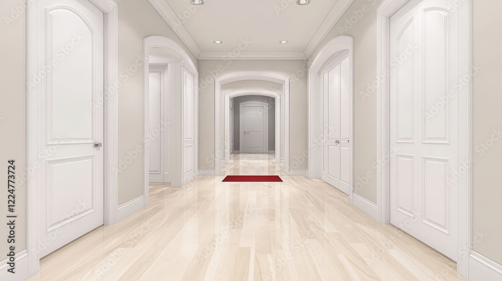 Fototapeta premium Elegant White Hallway Interior Design with Red Carpet
