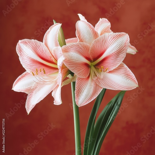Close Up of Two Pink and White Spotted Blossoms Against a Red Background
