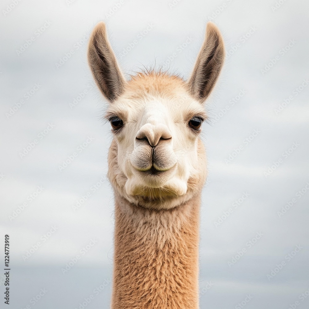 Obraz premium Close Up Portrait of a Gentle Llama Against a Cloudy Sky