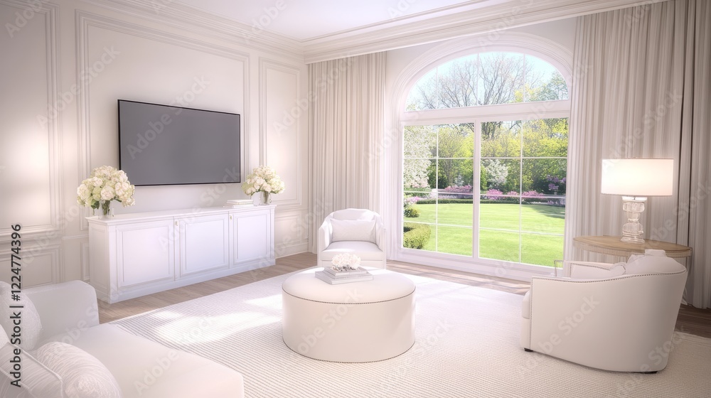 Fototapeta premium Elegant White Living Room with Garden View and Modern Decor