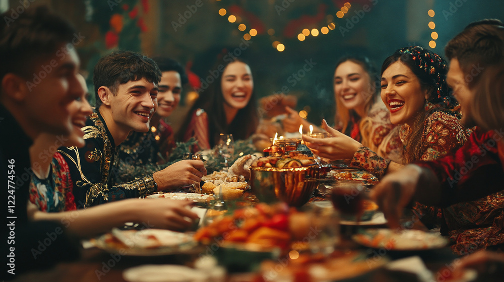 Company of people at festive table in house Company of people at festive table in house