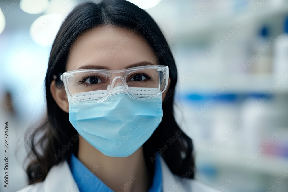 A healthcare worker wearing a protective mask and glasses stands ready to assist patients in a pharmacy. A healthcare worker wearing a protective mask and glasses stands ready to assist patients in a pharmacy.