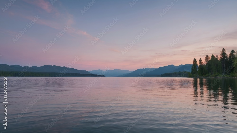 Tranquil lake and mountains at dusk with pink sky and reflections Tranquil lake and mountains at dusk with pink sky and reflections