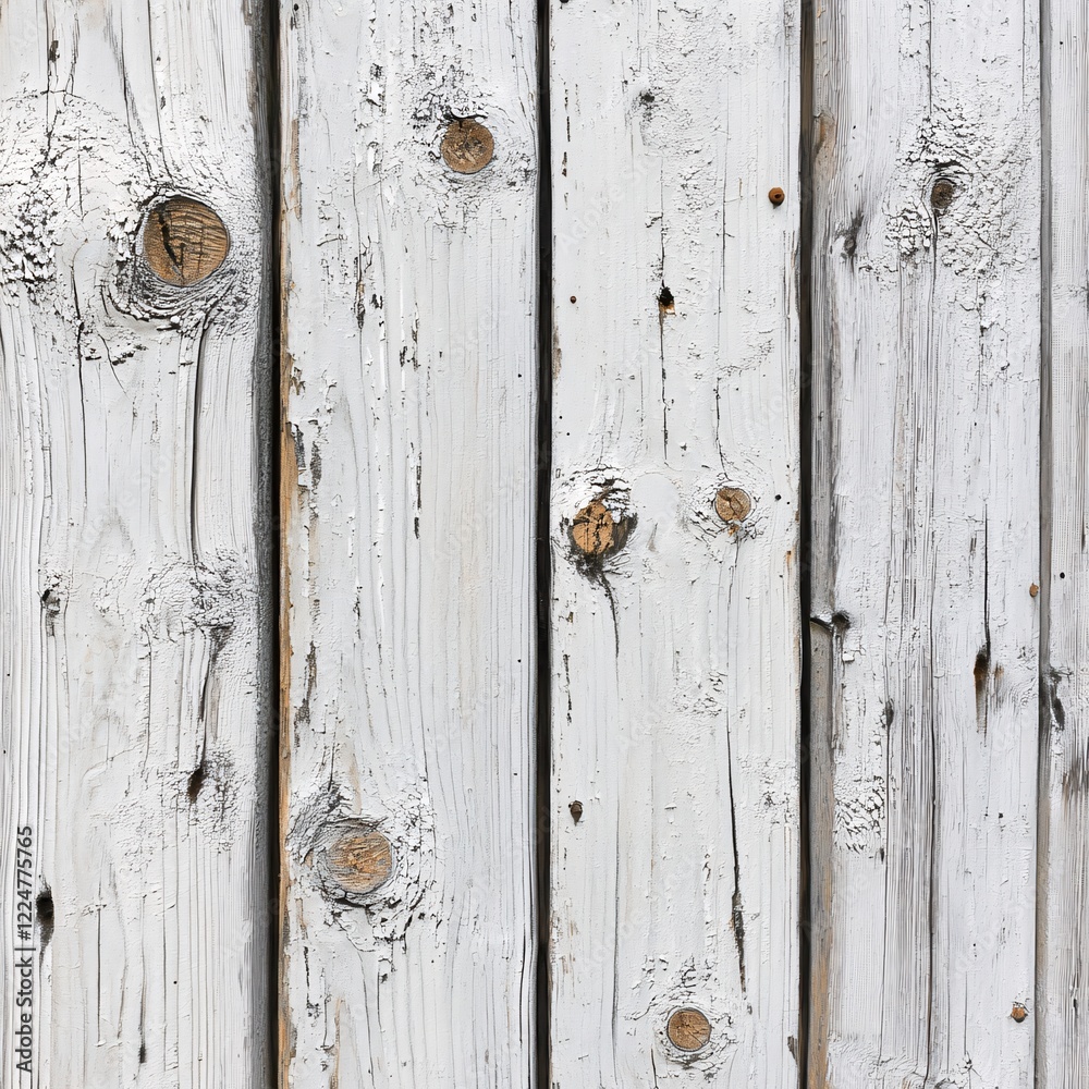 Weathered wood planks with peeling white paint and visible wood knots create a rustic texture Weathered wood planks with peeling white paint and visible wood knots create a rustic texture