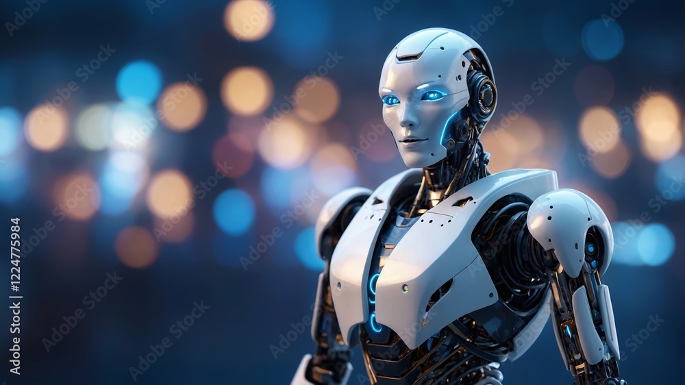 Naklejka premium 3d robot with artificial intelligence in light bokeh background