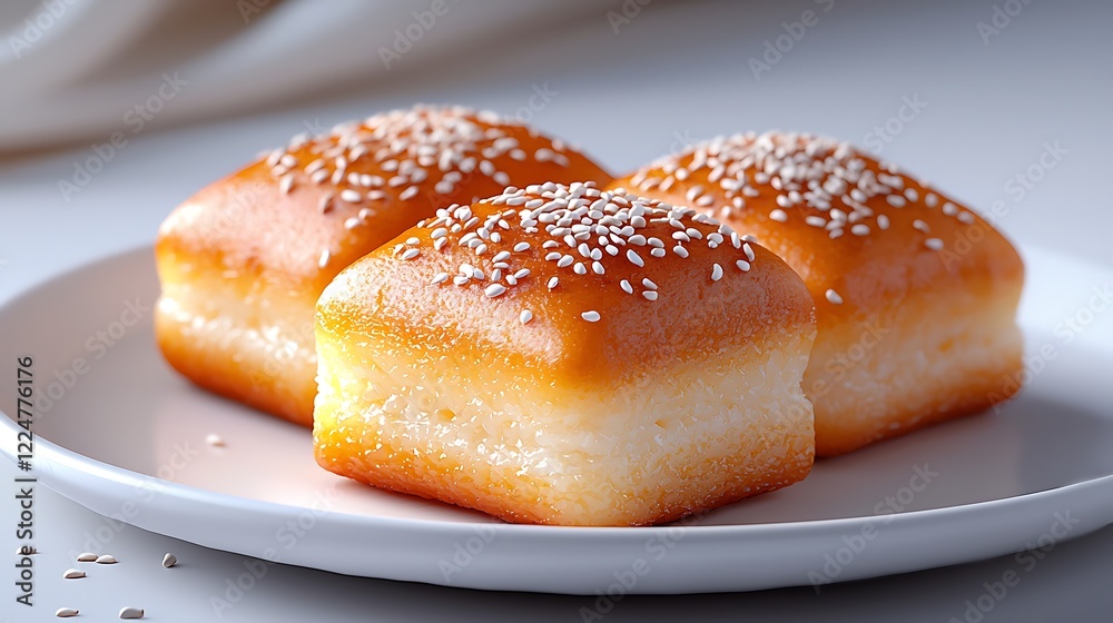 Golden Sesame Seed Rolls on White Plate, Close Up Food Photography Golden Sesame Seed Rolls on White Plate, Close Up Food Photography