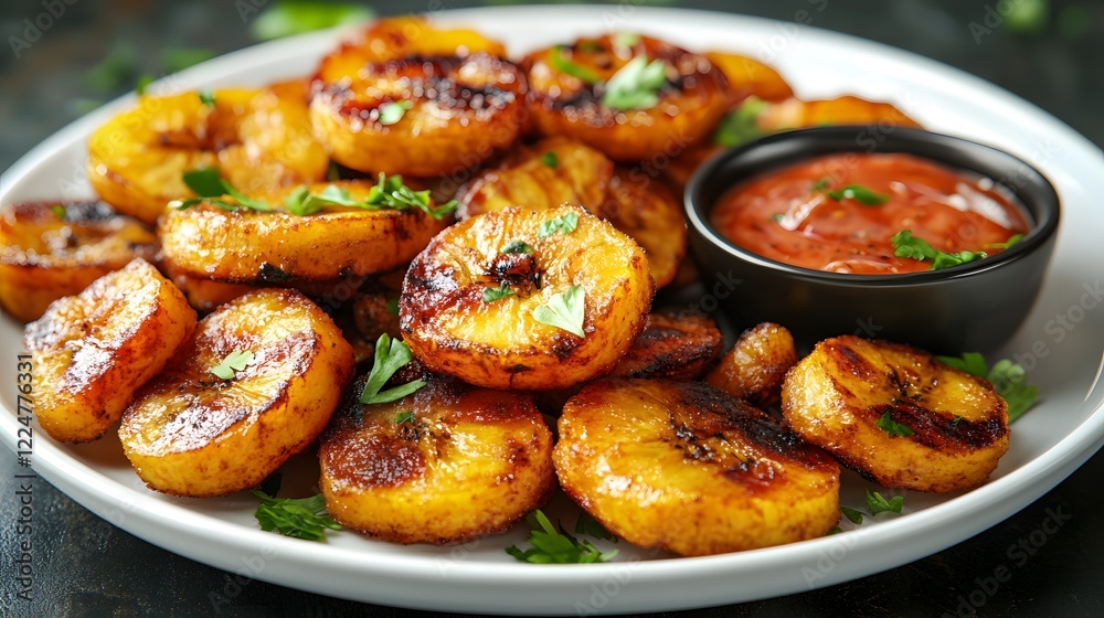 Gourmet Presentation of Crispy Fried Plantains with Tangy Dipping Sauce and Fresh Herbs