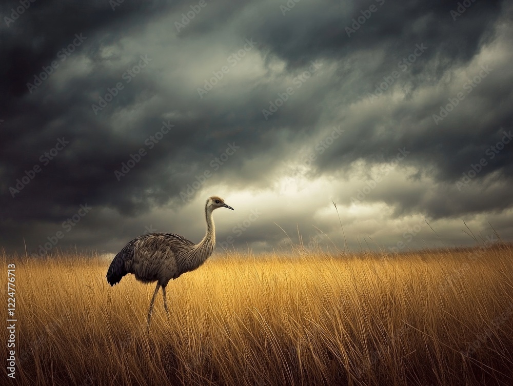 Obraz premium A lone rhea bird walking across the pampas grasslands of Santa Cruz Province, Argentina, with a dramatic sky.