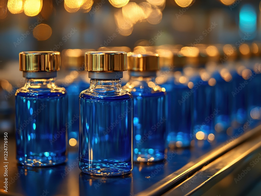 Blue glass vials with gold caps on conveyor belt with blurred lights in background Blue glass vials with gold caps on conveyor belt with blurred lights in background