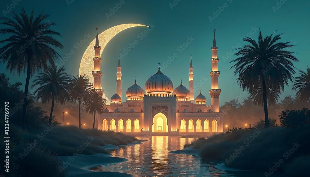 Fototapeta premium Night Mosque Scene with Crescent Moon and Palm Trees
