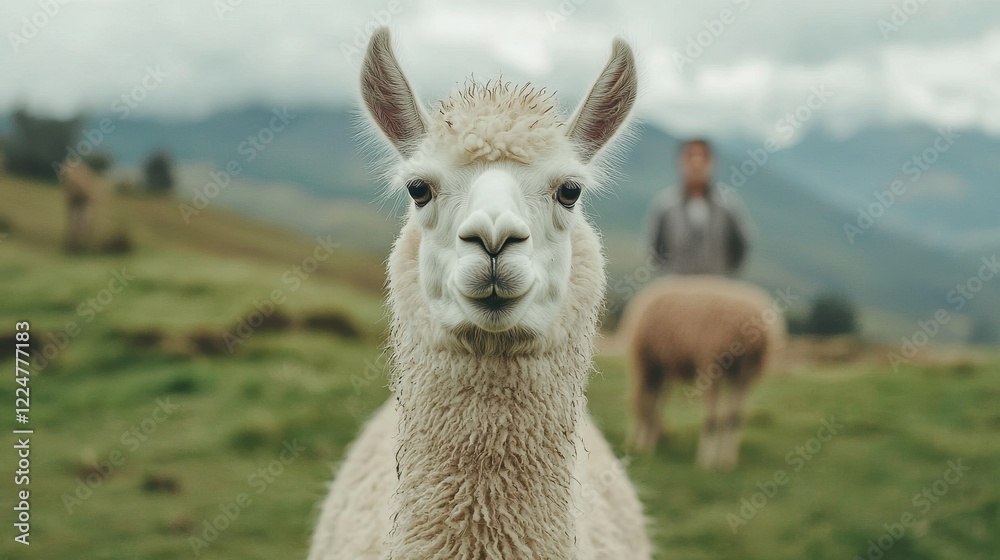 Fototapeta premium Closeup Portrait of a Fluffy White Alpaca in a Mountainous Landscape