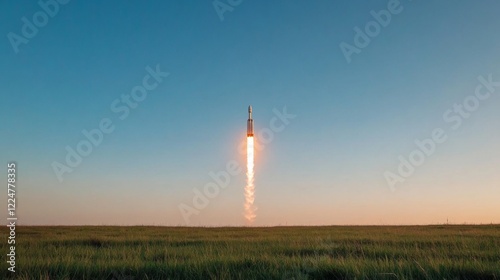 Rocket launching into a clear sunset sky above a grassy field.