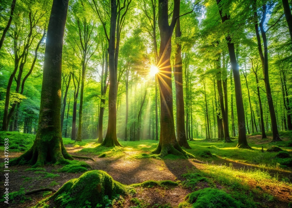 Naklejka premium Majestic Sunlight Filtering Through Ancient Forest Canopy - Lush Green Nature Stock Photo