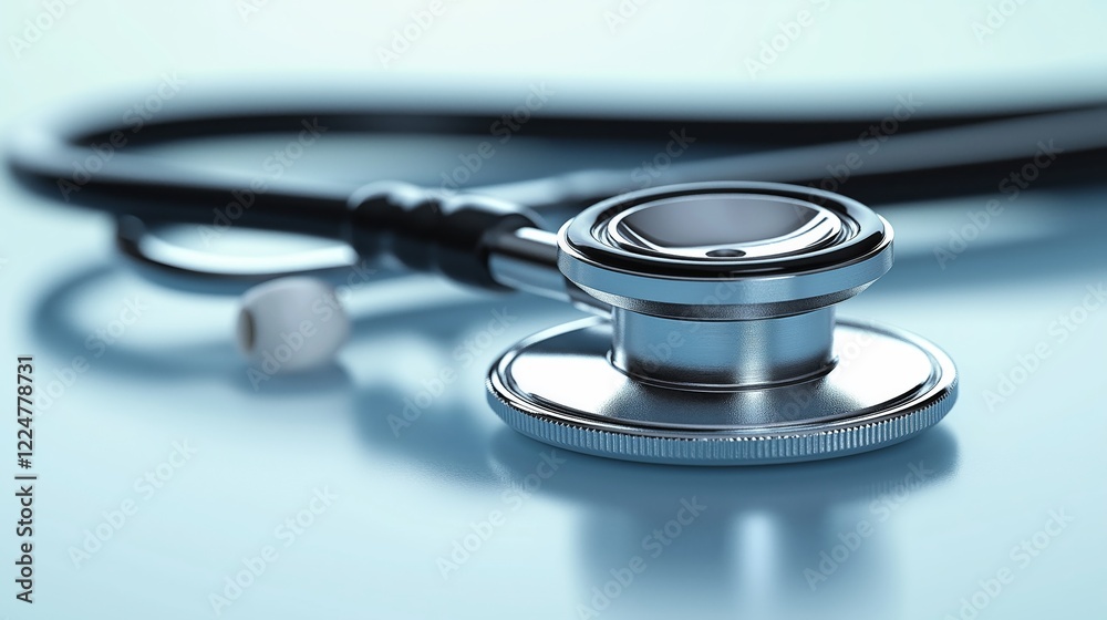 Stethoscope resting on a reflective surface in a clinical setting Stethoscope resting on a reflective surface in a clinical setting
